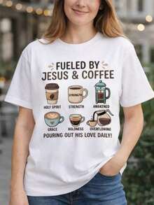 1 "Powered By Jesus And Coffee" T-Shirt - Christian Faith Graphic Tee For Men And Women, Inspirational Gift For Coffee Lovers, Vintage Short Sleeve Cotton Casual T-Shirt, Spiritual And Biblical Apparel, Sizes S-5XL W6AP180g 100% Cotton. - 白色 - 查看 12