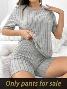Pantalones cortos de estar en casa de mujer de unicolor acanalado y ajustado, pantalón de estar en casa negro - Gris - Ver 4