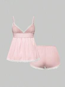 Conjunto de pijama casual de camiseta de tirantes acanalada y shorts con encaje - Rosa - Ver 2