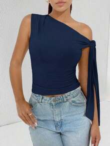 Top de hombro asimétrico con tirantes de atar de unicolor para mujer - Azul marino - Ver 7