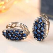 Luxury Women's Synthetic Blue Cubic Zirconia Hoop Earrings, Charming Silver Color Wedding Jewelry - Silver - View 5