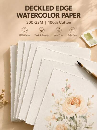 300g/25 Sheets Rough Texture Watercolor Paper, Premium Handmade Sketch Paper, Painting Paper, Handmade Coarse Paper, Torn Edge Design, Suitable For Beginners, College Students And Artists, Also Applicable For Scrapbooking And Wedding Invitation Making