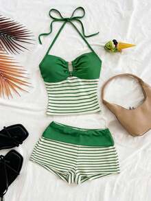 2 piezas Conjunto de camiseta de tirantes y pantalones cortos de punto a rayas con hebilla de metal, estilo casual de vacaciones, adecuado para fiesta, San Valentín, cita, discoteca, bohemio, vacaciones, otoño, ropa de mujer, vintage, días fest - Verde - Ver 7