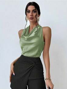1 pieza Blusa de mujer con cuello de lazo en color albaricoque, minimalista y elegante, top sin mangas - verde menta - Ver 6