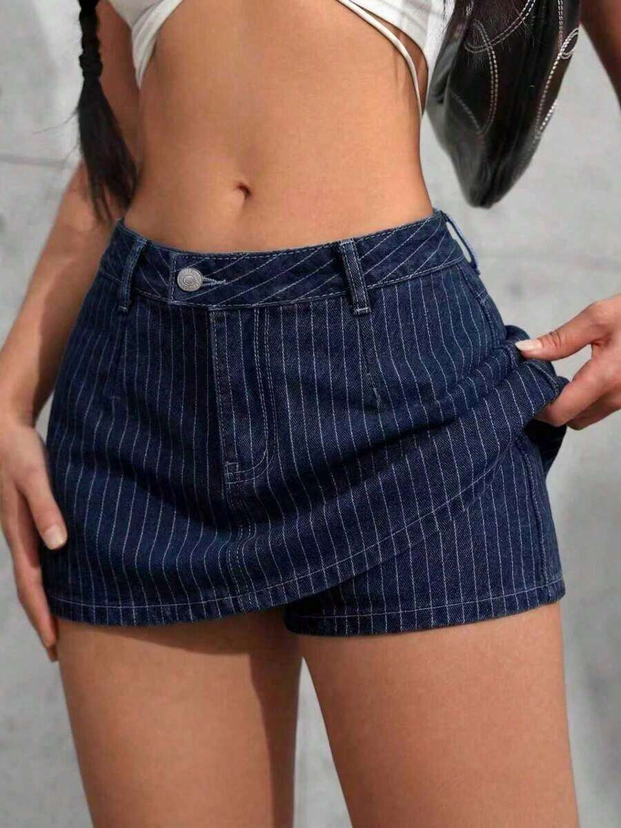 Falda mini de mezclilla lavada informal para mujer - Azul lavado oscuro 2 - Ver 1