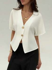 Camisa blanca sólida con mangas de murciélago, doble botonadura y frente abierto elegante - Blanco 2 - Ver 3