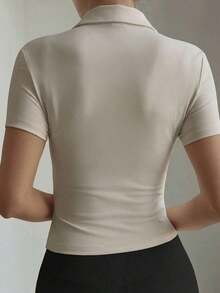 Camiseta casual de verano de mujer de unicolor, de manga corta, con cuello de cremallera y ajustada - Albaricoque 2 - Ver 2