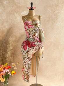Vestido de mujer con textura de gofre tejido, diseño ajustado con abertura y cordón, adecuado para fiesta, cita, sexy, té de la tarde, playa, verano, festival de música, temporada de bodas - Multicolor - Ver 7