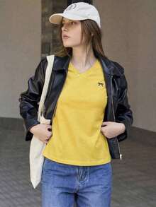 Camiseta de manga corta casual de verano para mujer con estampado de lazo - Amarillo - Ver 4