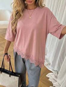 Camiseta básica de mujer de uso diario para primavera y verano, de unicolor, con dobladillo asimétrico y parches de encaje - Rosa vieja - Ver 3