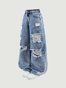 Girlism Jeans rectos y sueltos de mezclilla azul con agujeros rotos para adolescentes - Lavado ligero - Ver 5