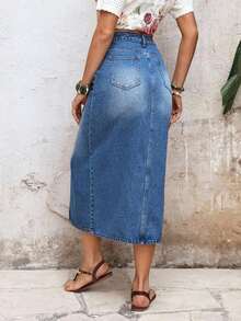 Falda vaquera larga casual con bolsillos y abertura lateral para mujer - Azul - Ver 2