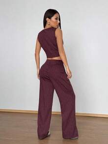 Unity Conjunto de top sin mangas con botones frontales a rayas y pantalones largos para mujer - Burdeos - Ver 2
