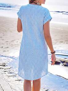 Vestido camisero de verano para mujer, de manga corta, cuello en V y rayas, hasta la rodilla, vestidos de verano para mujer, vacaciones - Celeste - Ver 3