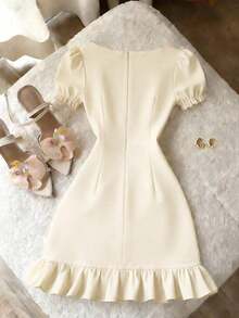 Vestido de mujer con cuello de perlas, manga corta, cuello cuadrado, casual, silueta esbelta tipo A, elegante, unicolor, adecuado para banquetes, fiestas de cumpleaños, uso en verano y otoño, diario, oficina, calle, azul marino - Albaricoque - Ver 2