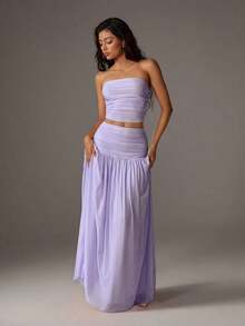 Unity Conjunto de 2 piezas de top corto de bustier de malla de unicolor y falda larga para mujer - Púrpura malva - Ver 5