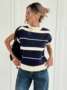 Top de punto a rayas de colores contrastantes para mujer - Rojo - Ver 10