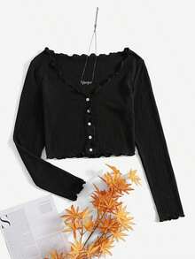 Camiseta De Punto De La Lechuga Con Botones Para Mujer - Negro - Ver 6