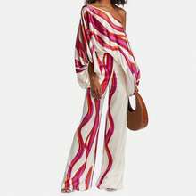 Off Shoulder Jumpsuit For Women, Multiple Colors Geometric Print Lantern Sleeve One Piece, Evening Party Glamorous Formal Outfit - 紅色 - 查看 8