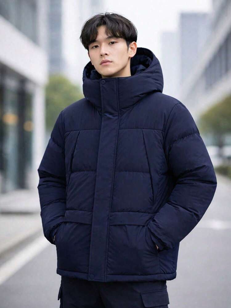 Men's Outdoor Winter Jacket, Thick Padded With Removable Hood - Navy Blue - View 1