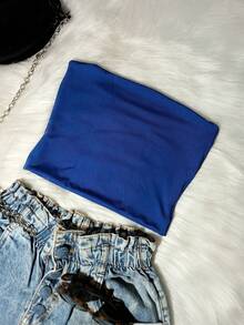 Strapless Top Tube BRAZIL Plus Size Cropped EMBROIDERED 6X4 OR CUP COLORS Women's Double Layer Spandex Shapes The Waist Without Padding Strapless Tube Top - 皇家藍(無刺繡) - 查看 2