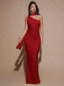 Vestido de malla ajustado con drapeado asimétrico, elegante y sexy vestido de gala para fiesta, boda, cumpleaños, Navidad, Halloween - Amarillo claro - Rojo - Ver 1