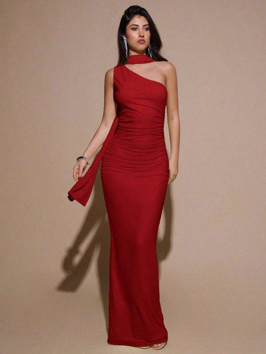 Vestido de malla ajustado con drapeado asimétrico, elegante y sexy vestido de gala para fiesta, boda, cumpleaños, Navidad, Halloween - Amarillo claro - Rojo - Ver 1