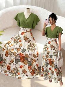 ajustado y acampanado con volantes y mangas de capa, con estampado de hojas de color rojo burdeos, para primavera/verano - Multicolor 4 - Ver 3