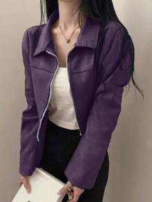 Chaqueta con cremallera de unicolor y cuello de ante sintético para mujer, uso casual para la escuela, el aeropuerto, primavera/otoño - Morado - Ver 3