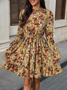 Vestido corto casual de manga larga con cuello alto y estampado floral para mujer - Albaricoque - Ver 5
