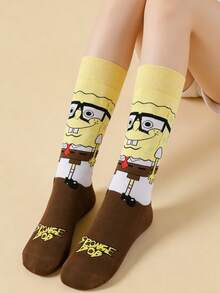 SpongeBob SquarePants 5雙隨機款 SquarePants 卡通中筒襪，適合街頭風與休閒穿搭，可愛校服與日常穿著 - 彩色 - 查看 2