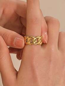 1 pieza Anillo de cadena gruesa de acero inoxidable chapado en oro de 18K, diseño minimalista adecuado para uso diario y fiestas de mujeres - Amarillo Oro - Ver 2