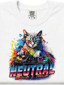 Camiseta DJ Cat, R Neon Music Lover T1EE, Camiseta gráfica. 220 g de algodón puro unisex. Peso ideal para todas las estaciones, apto para hombres y mujeres. Tejido duradero de alta calidad, suave al tacto y de larga duración. Parte superior transpirable. Adecuado para la primavera y el verano de las mujeres, vacaciones, Día de la Madre, Día de la Independencia. - Blanco - Ver 1