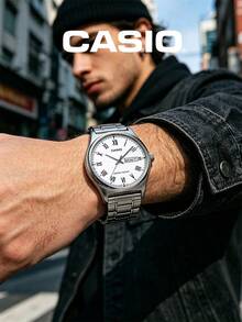 Casio 男士优雅仿石英正装腕表，白色表盘，黑色罗马数字时标，银色不锈钢表链，红色太阳日期显示窗，经典简约商务礼品 - 銀色 - 查看 5