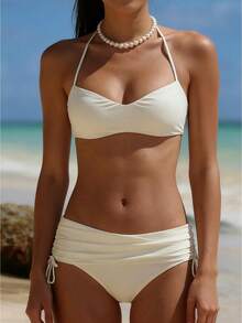 Womens Bikini Swimsuits Solid Color Halter Bra Tops With Side Drawstring Thong 2 Pcs Set Stylish Bikini Bathing Suit - White - View 1