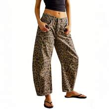 Women's Jeans Section: Women's Horseshoe-Shaped Barrel Jeans, Mid-Waist Wide-Leg Jeans, Loose Fit, Slim Tapered Leg Casual Jeans. - 豹紋 - 查看 1