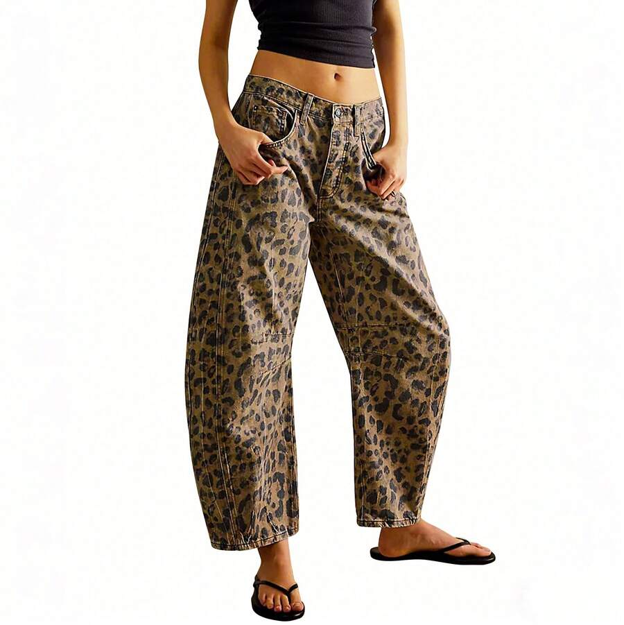 Women's Jeans Section: Women's Horseshoe-Shaped Barrel Jeans, Mid-Waist Wide-Leg Jeans, Loose Fit, Slim Tapered Leg Casual Jeans. - 豹紋 - 查看 1