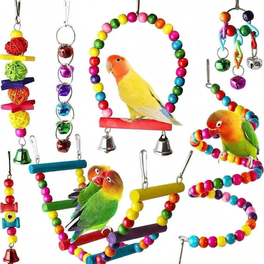 Bộ đồ chơi chim 7 món, gồm cầu trượt, thang leo, gương giáo dục cho chim, thích hợp cho vẹt nhỏ và vừa, vẹt mào, vẹt uyên ương, vẹt mào trắng, đồ chơi gặm và mài. - Nhiều màu - Xem 1