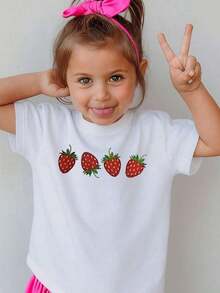 Camiseta de Cuello Redondo 100% Algodón con Estampado de Fresas para Jóvenes, Camiseta Blanca con Estampado de Fresas, Largo Regular, Camisetas con Estampado de Frutas, Ropa Suave y Transpirable para Niñas/Niños, Material Suave, Diseño Divertido, Ajuste Cómodo, Moda. 3T-13T - Negro - Ver 2