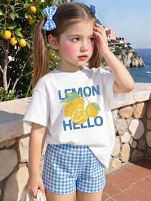 Conjunto de 2 piezas para niñas: Camiseta de manga corta con estampado de lazo de fresa y pantalones anchos de tela a cuadros, verano - Negro - Ver 3