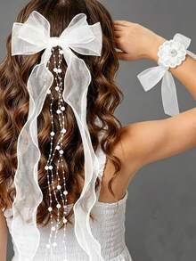 2 piezas Pinzas para el cabello con lazo blanco y borla de perla falsa, Corsage de muñeca blanco, Adecuado para boda, banquete, accesorios de dama de honor, barrettes para el cabello, pinzas para el cabello - Multicolor - Ver 2