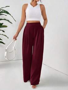 Pantalones básicos largos de mujer con pliegues plegados de unicolor y elegantes para el diario - Burdeos - Ver 1