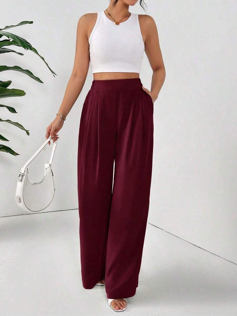 Pantalones básicos largos de mujer con pliegues plegados de unicolor y elegantes para el diario - Burdeos - Ver 1