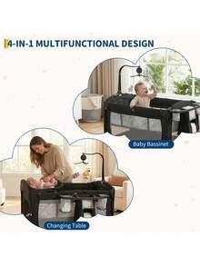 Soonbuy 4 In 1 Baby Playard, Portable Bedside Crib With Rocking Bassinet & Diaper Changer, Infant Pack And Play With Mattress, Newborn Changing Table - Black - View 2