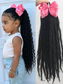 1 pieza Extensión de cabello sintético de 18 pulgadas con rizo esponjoso y negro, con clip de lazo, accesorio cómodo para niñas - Negro natural - Ver 12