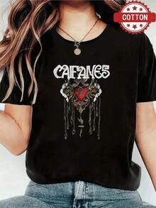 1pieza Blusas de mujer hermosas Blusas para mujeres Conjuntos de ropa para mujeres Caifanes 180G Camiseta negra y blanca con impresión de corazón y calavera de alta calidad Cuello redondo básico holgado transpirable versátil lavable en máquina cómodo Talla S ~ 3XL Esencial diaria casual deportiva para verano. - Negro - Ver 9