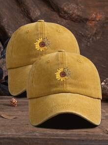 1pc Unisex Outdoor Casual Adjustable Baseball Cap With Sunflower Print - Yellow+Yellow - View 5