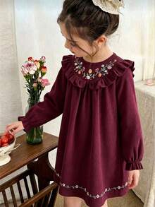 Embroidered Young Girl Dress, Ruffle Collar Design With Delicate Embroidery, Long Sleeve Loose Dress, Suitable For Daily Outing/Outdoor Leisure Holiday/Princess Style, Spring/Autumn - Burgundy - View 2