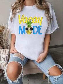 Women's Short Sleeve Graphic T-Shirts, Women's Holiday Sets, 'Vacay Mode' Pine Tree Print T-Shirt, Soft And Comfortable Cotton, Cute Style, Women's Summer Sets, Oversized T-Shirt - 白色 - 查看 6