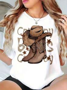 Playeras De Mujer Camiseta De Manga Larga Estampada Estilo Vaquera Vintage Para Mujer, Modelo BáSico De Cuello Redondo EláStico, Tela No Transparente Suave Y CóModa Al Tacto, Lavable A MáQuina Y De FáCil Cuidado, VersáTil Para Todas Las Estaciones, Ideal Para Uso Diario Y - Blanco - Ver 6